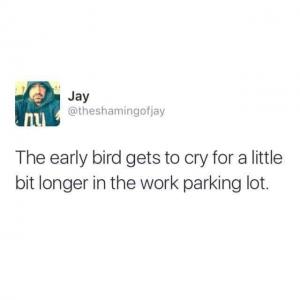 The early bird gets to cry for a little bit longer in the work parking lot.
