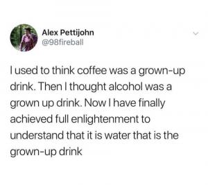 I used to think coffee was a grown-up drink. Then I thought alcohol was a grown up drink. Now I have finally achieved full enlightenment to understand that it is water that is the grow-up drink