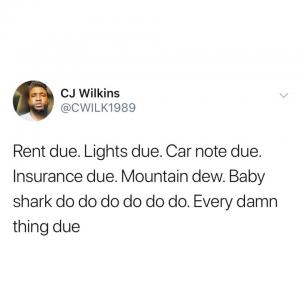 Rent due. Lights due. Car note due. Insurance due. Mountain Dew. Bay shark do do do do do do. Every damn thing due.