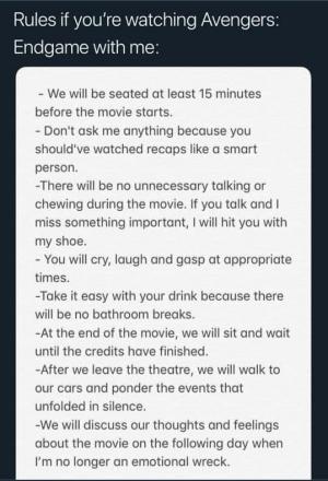 Rules if you're watching Avengers Endgame with me: