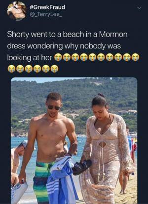 Shorty went to a beach in a Mormon dress wondering why nobody was looking at her