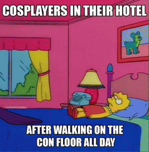 Cosplayers in their hotel

After walking on the con floor all day