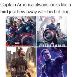 Captain America always looks like a bird just flew away with his hot dog