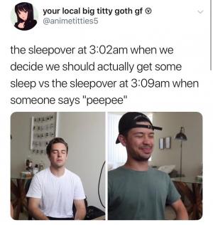 The sleepover at 3:02am when we decide we should actually get some sleep vs sleepover at 3:09am when someone says "peepee"