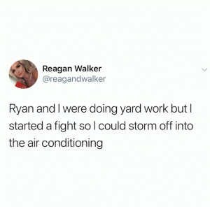 Ryan and I were doing yard work but I started a fight so I could storm off into the air conditioning