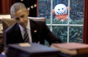The White House staff thought it would be funny to start moving the snowman outside of the Oval Office