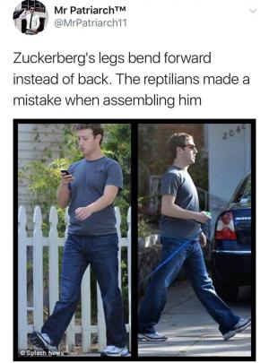 Zuckerberg's legs bend forward instead of back. The reptilians made a mistake when assembling him