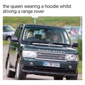 The queen wearing a hoodie whilst driving a Range Rover
