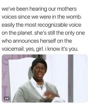 We've been hearing our mothers voices since we were in the womb. Easily the most recognizable voice on the planet. She's still the only one who announces herself on the voicemail. Yes, girl. I know it's you,