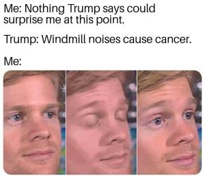 Me: Nothing Trump says could surprise me at this point.

Trump: Windmill noises cause cancer.

Me: